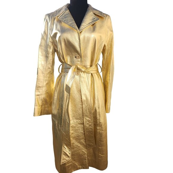 Glamorous Gold Metallic REAL Genuine Soft Leather Designer Jacket Coat Trench NW - Picture 1 of 16